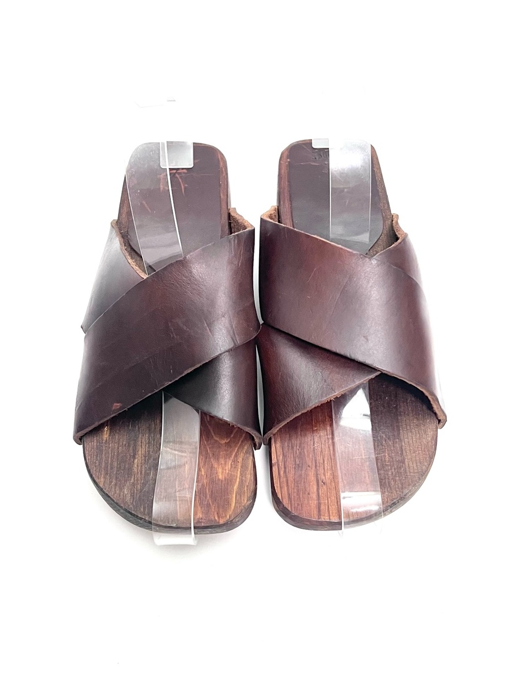 Vintage 1970s brown leather criss cross wooden sole platform sandals